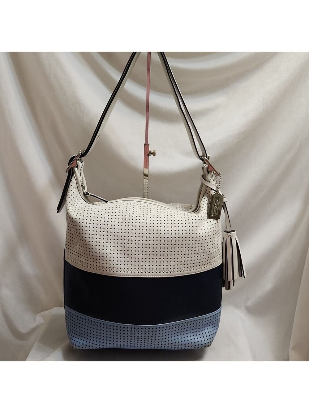 Coach Legacy Perforated Leather Dark Navy Multicolor Striped Duffle Shoulder Bag